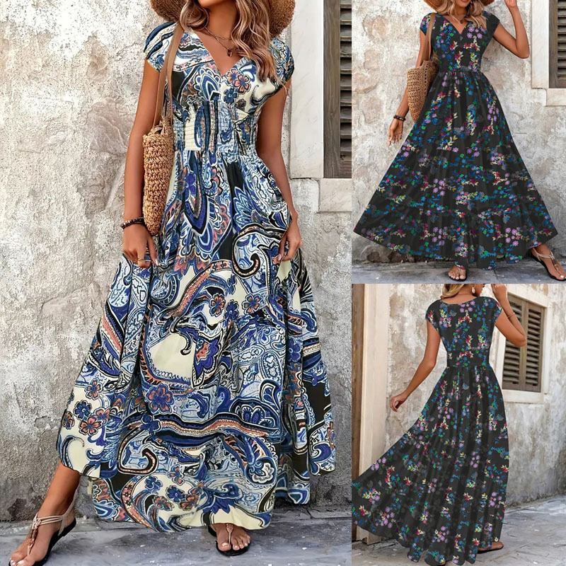 Paisley Print V-Neck Short Sleeve A-Line Maxi Dress