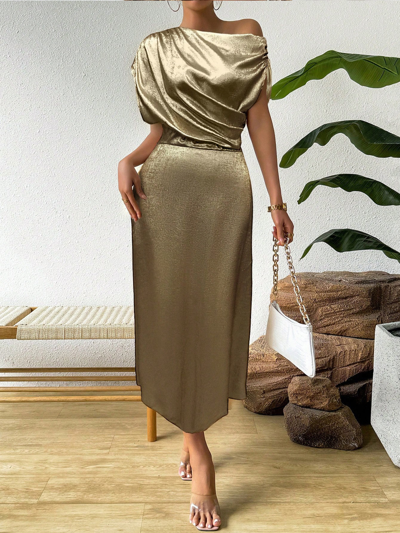 Solid Satin One-Shoulder A-Line Midi Dress