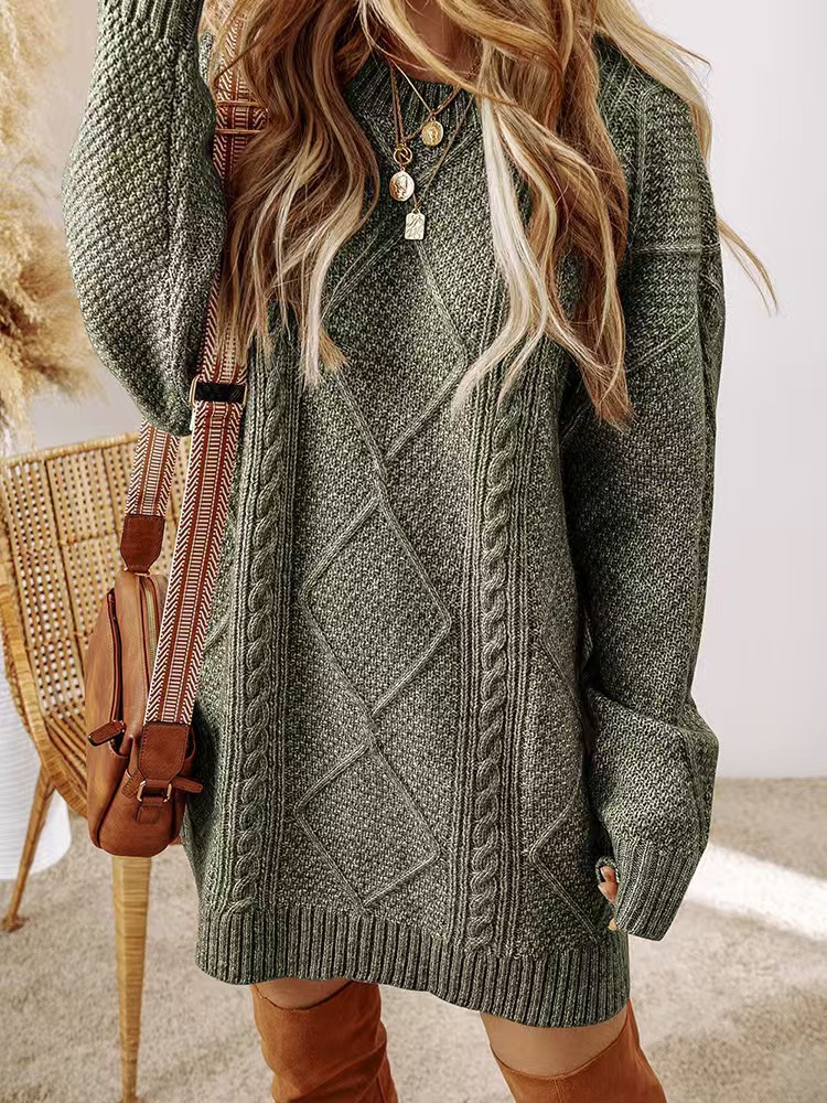 Cable-Knit Sweater Dress Relaxed Crew Neck Knee-Length