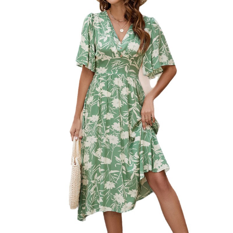 Boho Geometric Print V-Neck Short Sleeve Cinched Waist Midi Dress