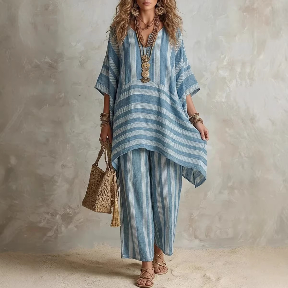 Women's V-Neck Striped Two-Piece Lounge Set