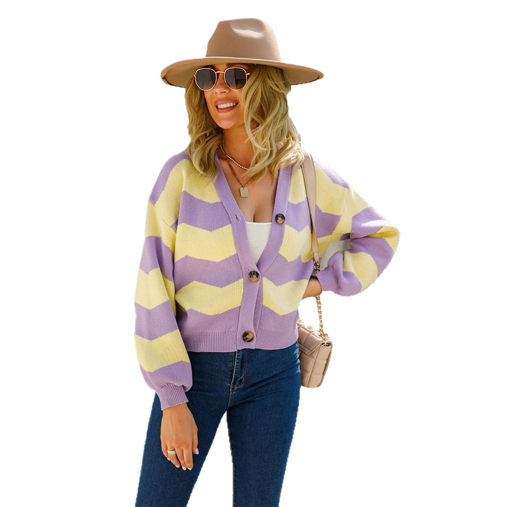 V-Neck Cropped Knit Cardigan with Spliced Design