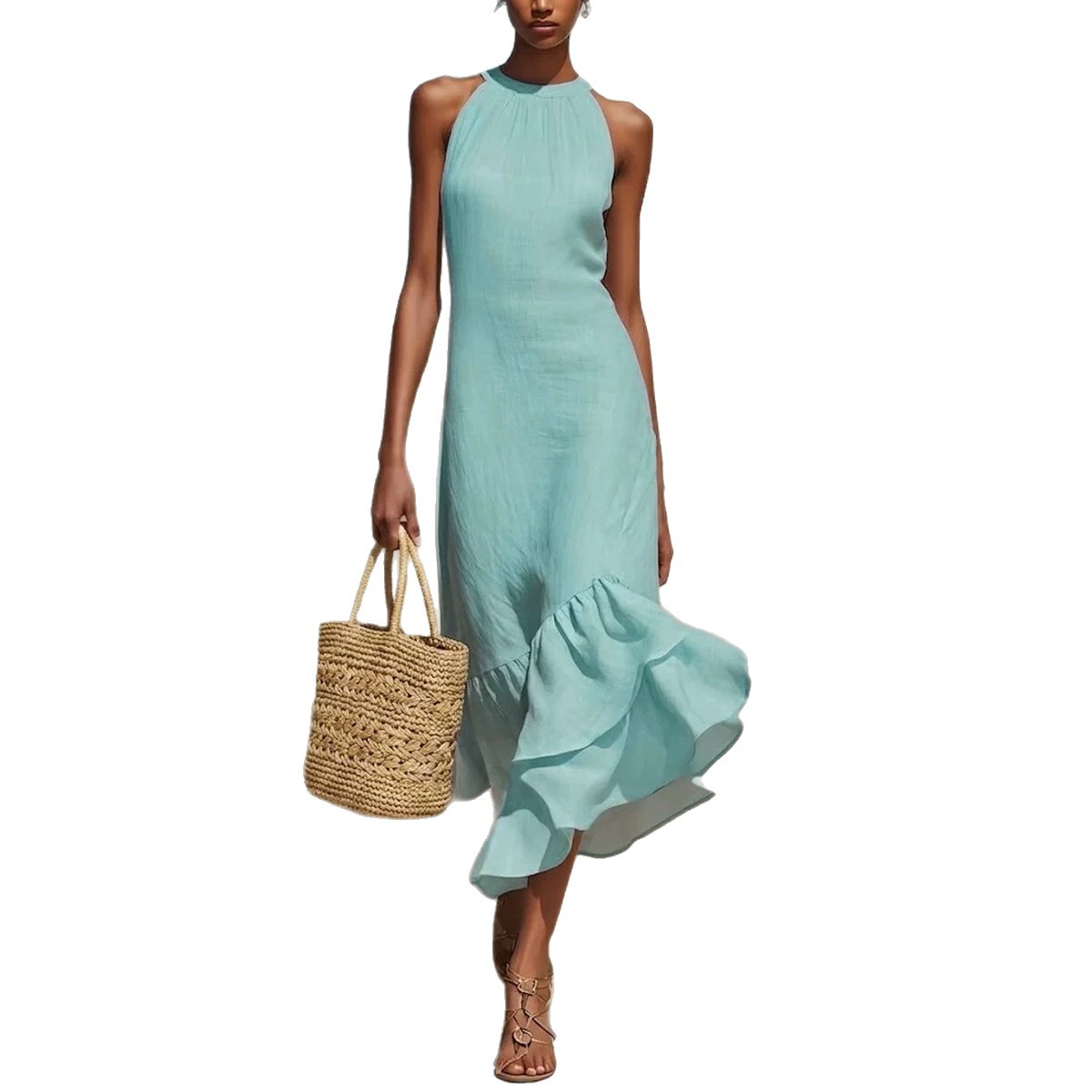 Women's Sleeveless Halter Cotton-Linen Dress with Asymmetrical Ruffle Fishtail Hem