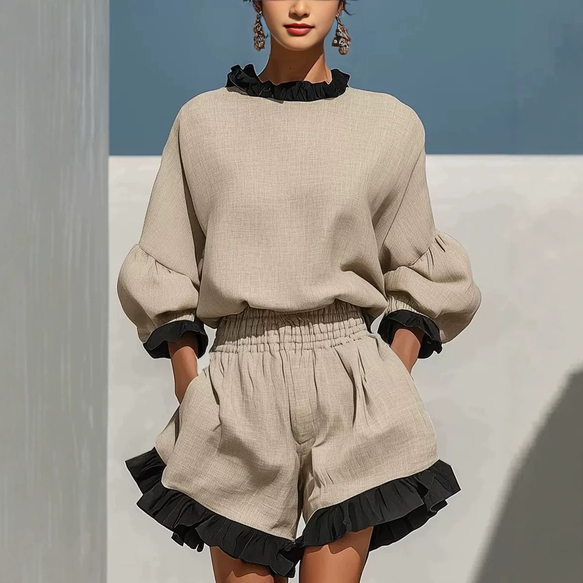 Ruffled Long-Sleeve Top & High-Waist Wide-Leg Ruffle-Hem Shorts Two-Piece Set