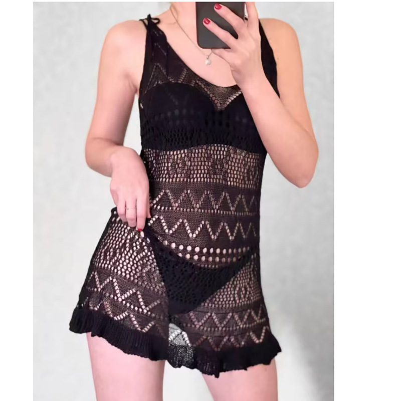 Women's Knit Cami Dress Deep V Sheer Hollow-Out Floral Hem Beach Dress