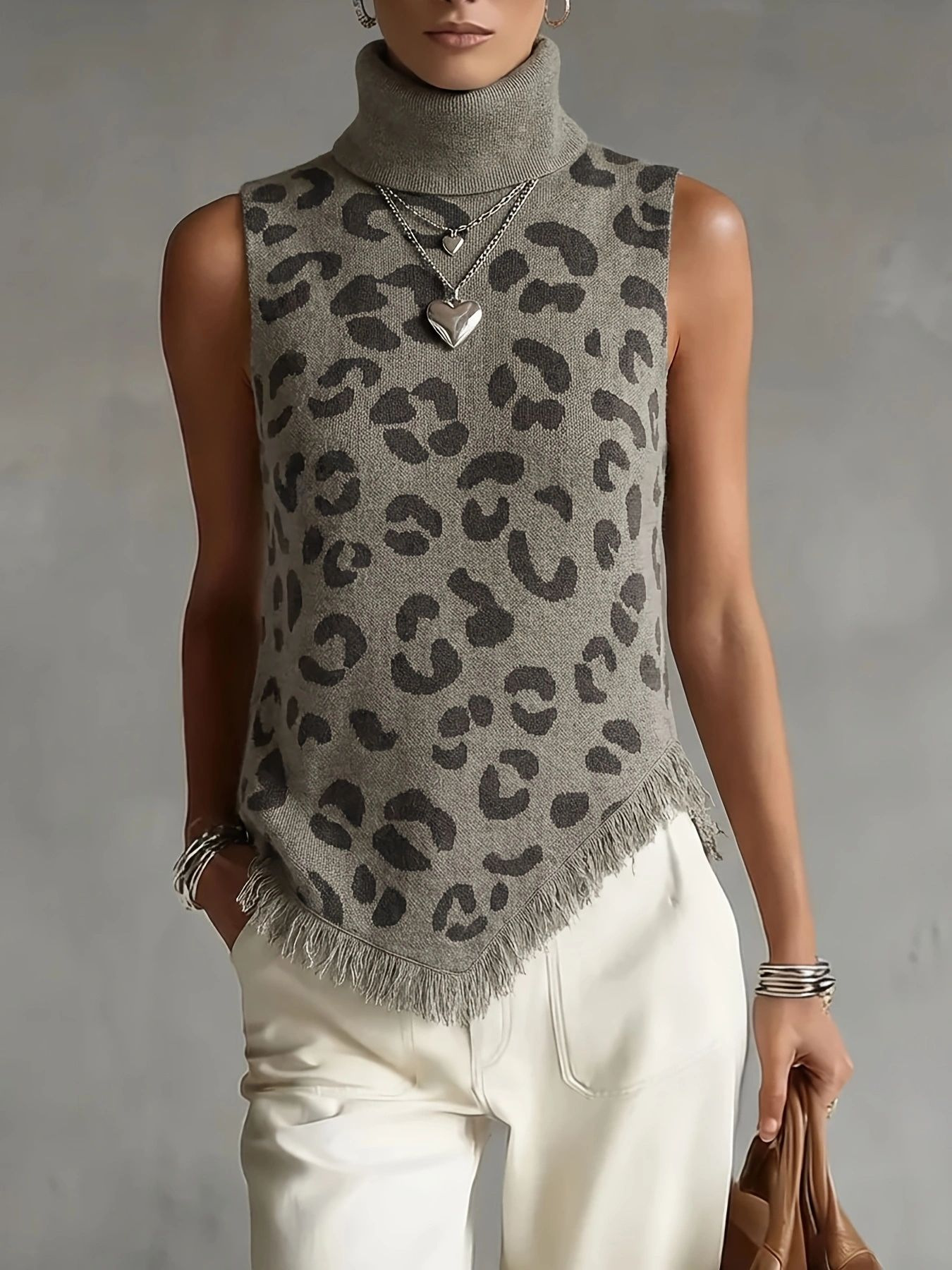 Leopard Print High Neck Sleeveless Knit Tank Top with Fringe