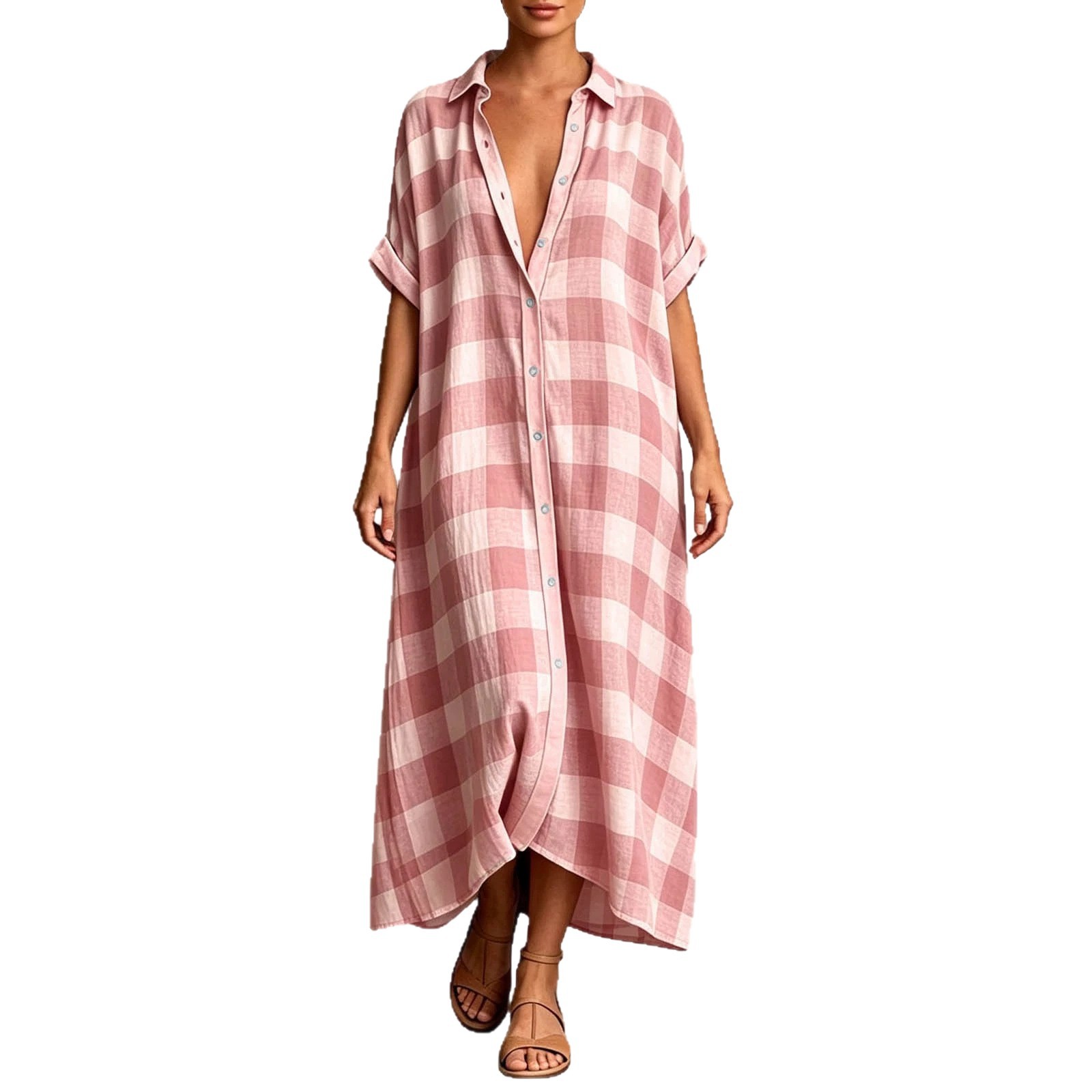Women's Loose Plaid Shirt Dress Collared Button-Front Short Sleeve Long Vacation Dress
