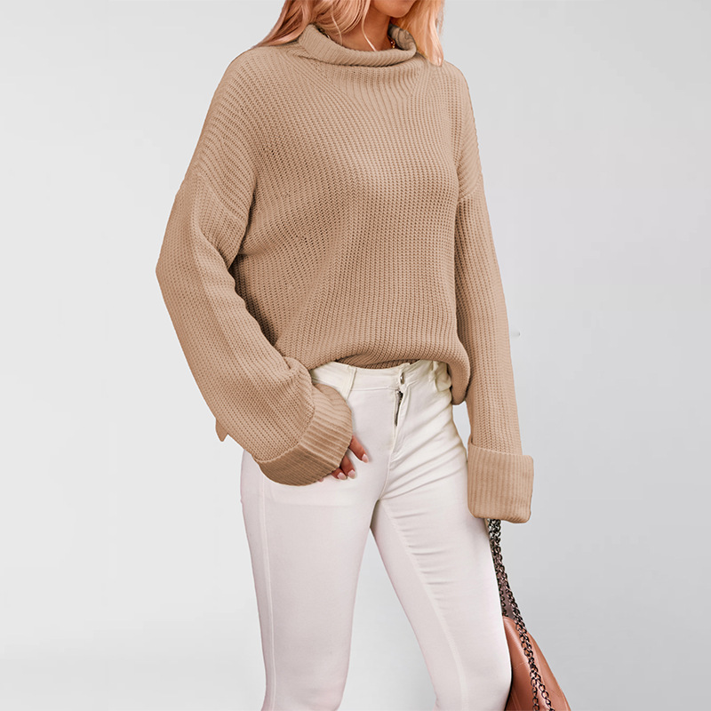 Women's Solid Color Bell Sleeve Crewneck Pullover Knit Sweater