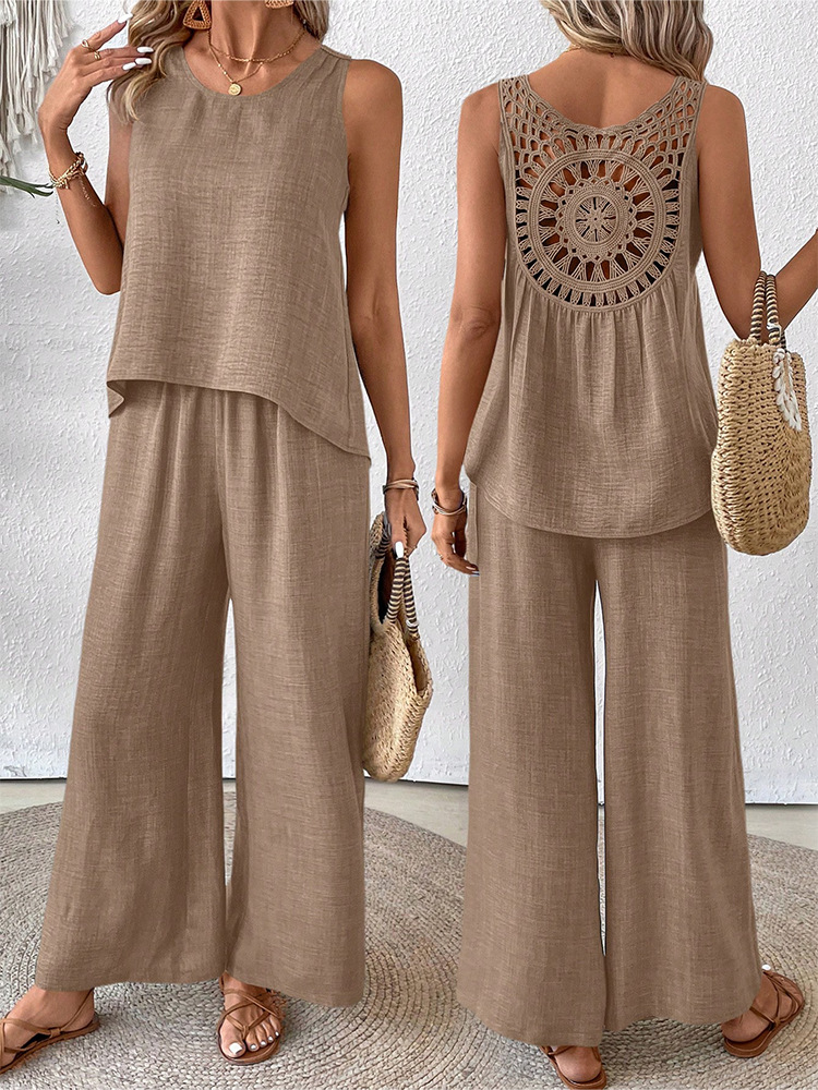 Women's Two-Piece Sleeveless Tank Top and Wide-Leg Pants Set with Hollow-Out Lace Trim