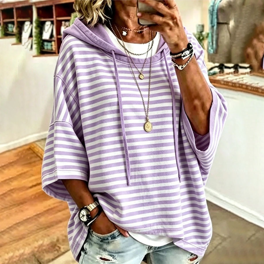 Women's Striped Hooded Pullover Sweatshirt with 3/4 Sleeves