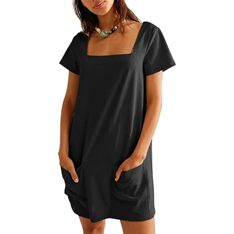 Square Neck Short Sleeve A-Line Dress with Pockets Solid Color