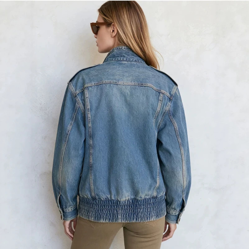 Retro Stand Collar Zip Washed Denim Blue Bomber Jacket