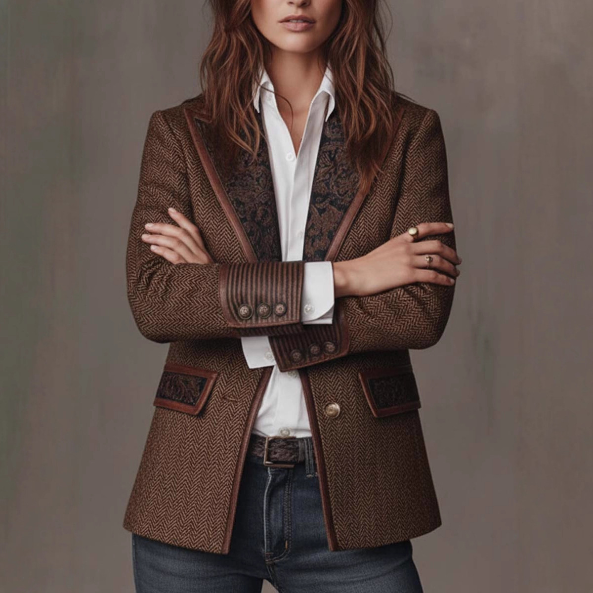 French Retro Color-Block Blazer-Collar Woolen Coat