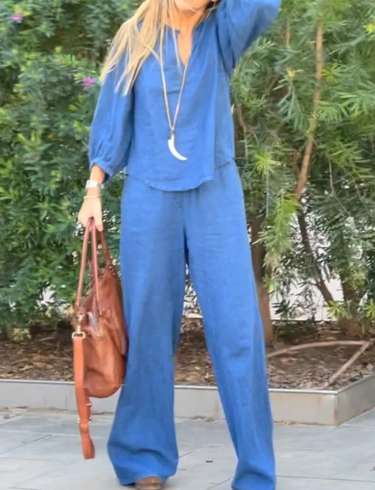 Women's Cotton-Linen V-Neck Long-Sleeve Top & Straight-Leg Pants Set