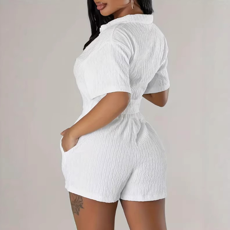 Women's Loose Casual Short-Sleeve Button-Down Shirt & Pleated Wide-Leg Shorts Set