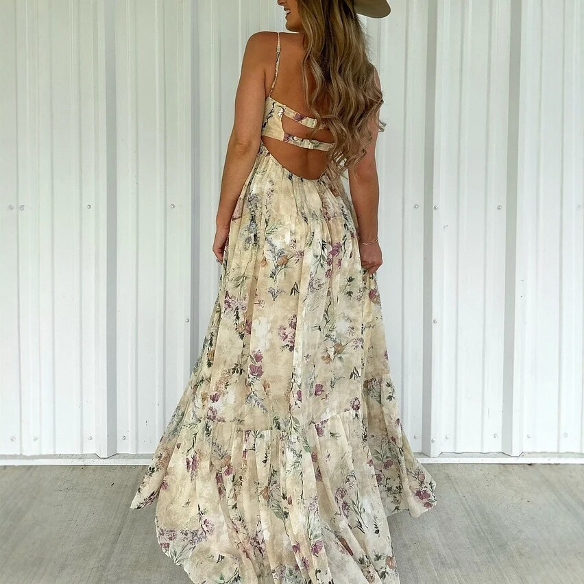 Women's Strapless Floral Print Maxi Dress High Waist Backless Slit