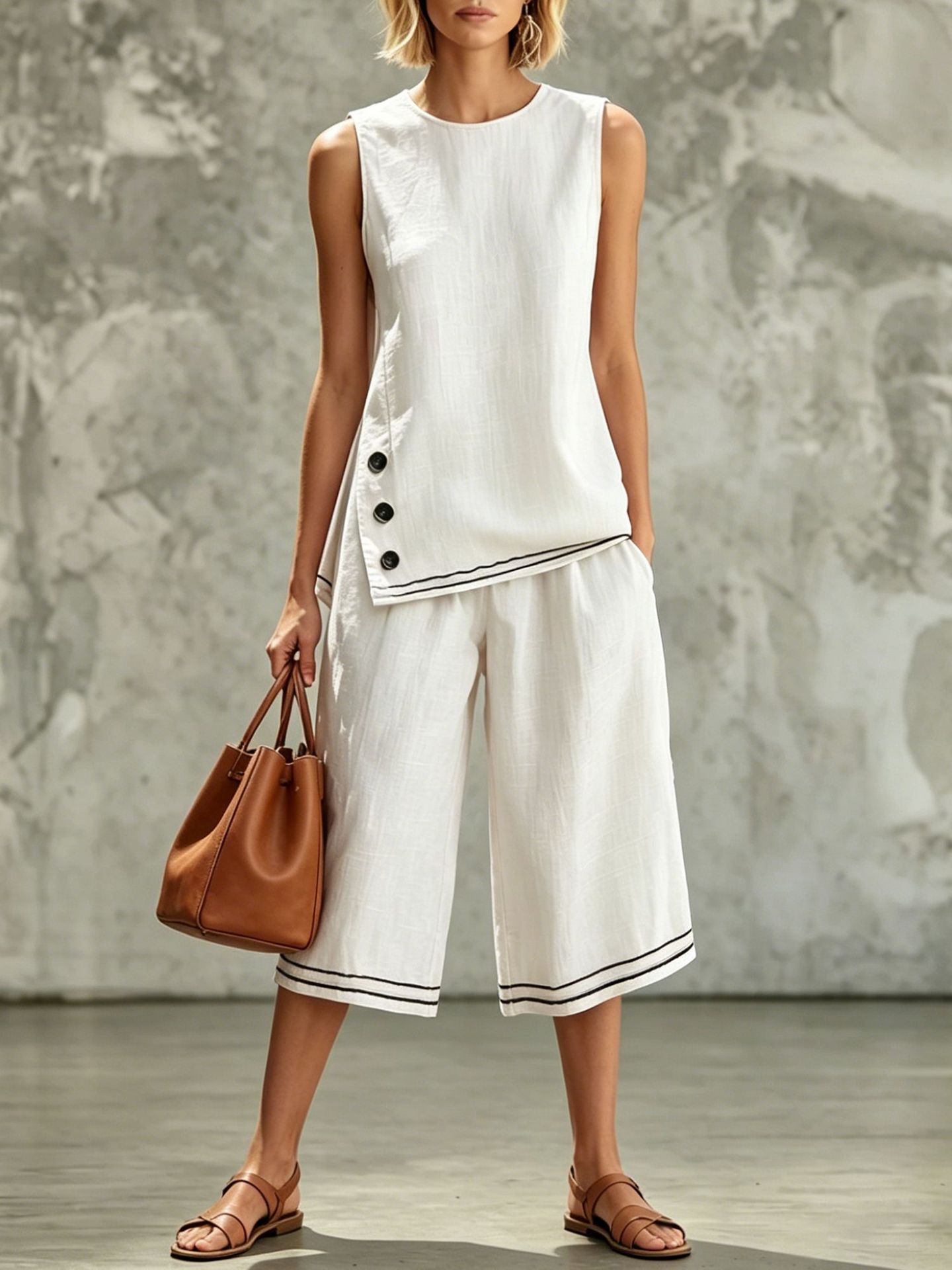 Women's Sleeveless Side-Slit Tank Top & Wide-Leg Capri Two-Piece Set