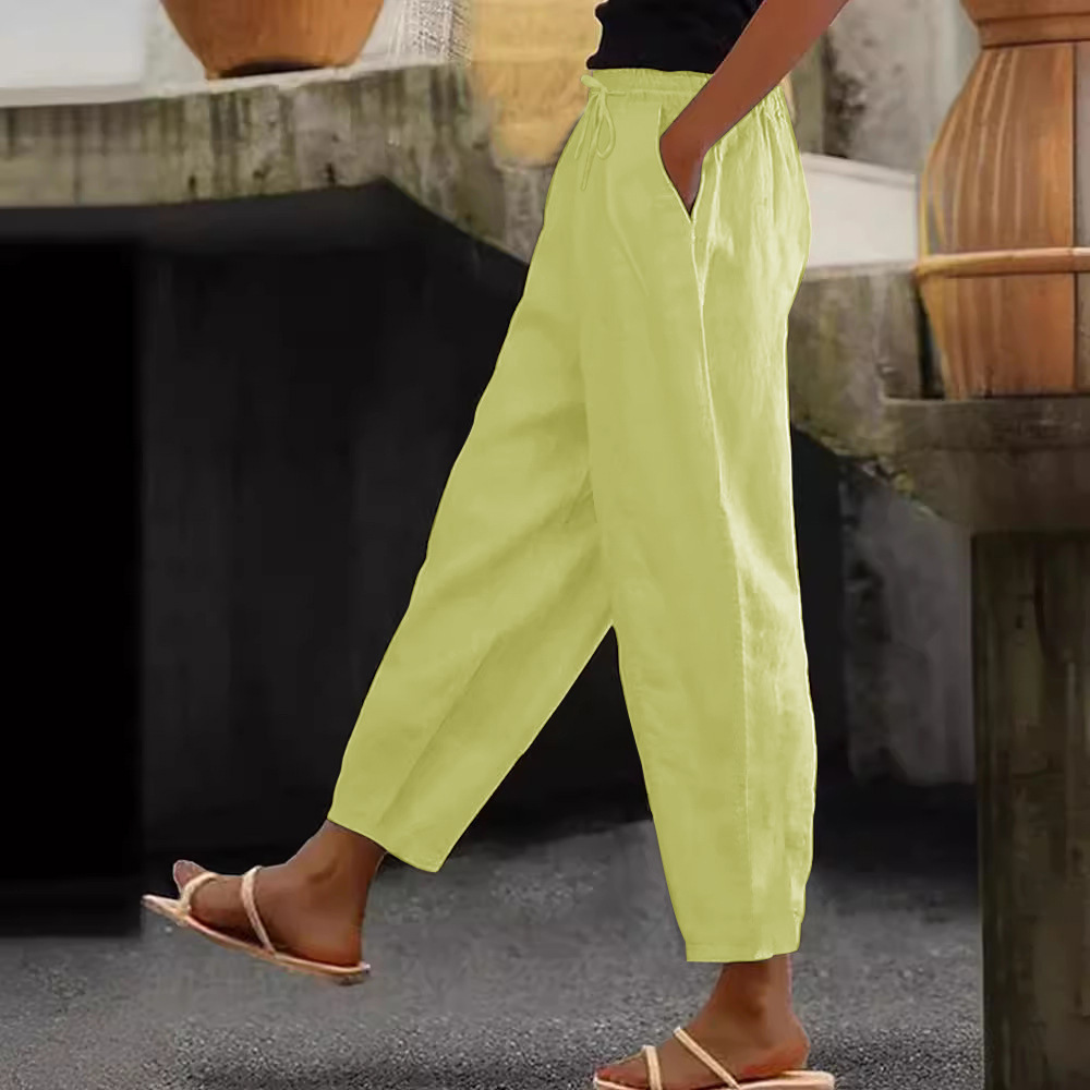 Women's Cotton-Linen Blend Solid Color Casual Pants with Side Pockets and Drawstring