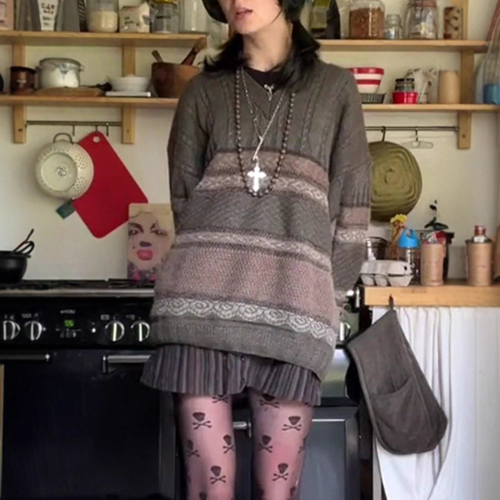 V-Neck Long-Sleeve Striped Color-Block Loose Knit Sweater