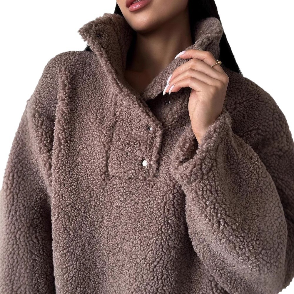 Faux Shearling Solid Color Pullover Hoodie with Scarf Neck