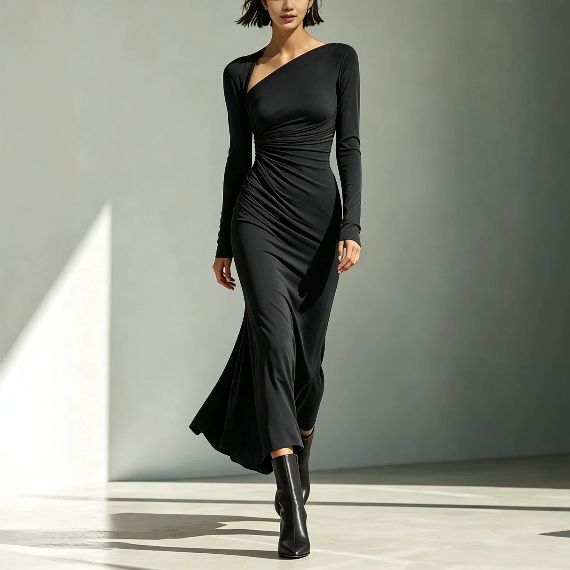 Pleated Solid Long Sleeve Long Dress