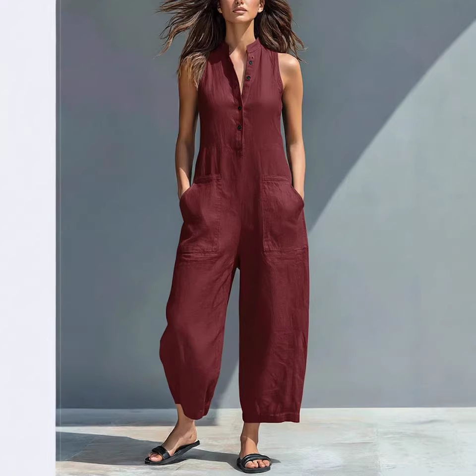 Women's Casual Sleeveless Button-Front Wide-Leg Jumpsuit