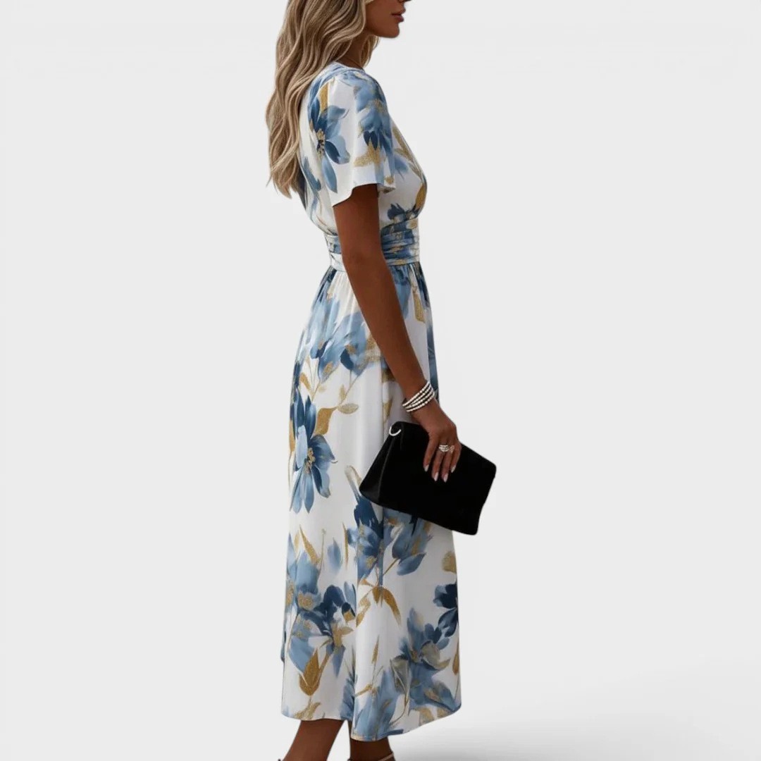 Women's Floral Print V-Neck Short Sleeve Slim Fit Dress