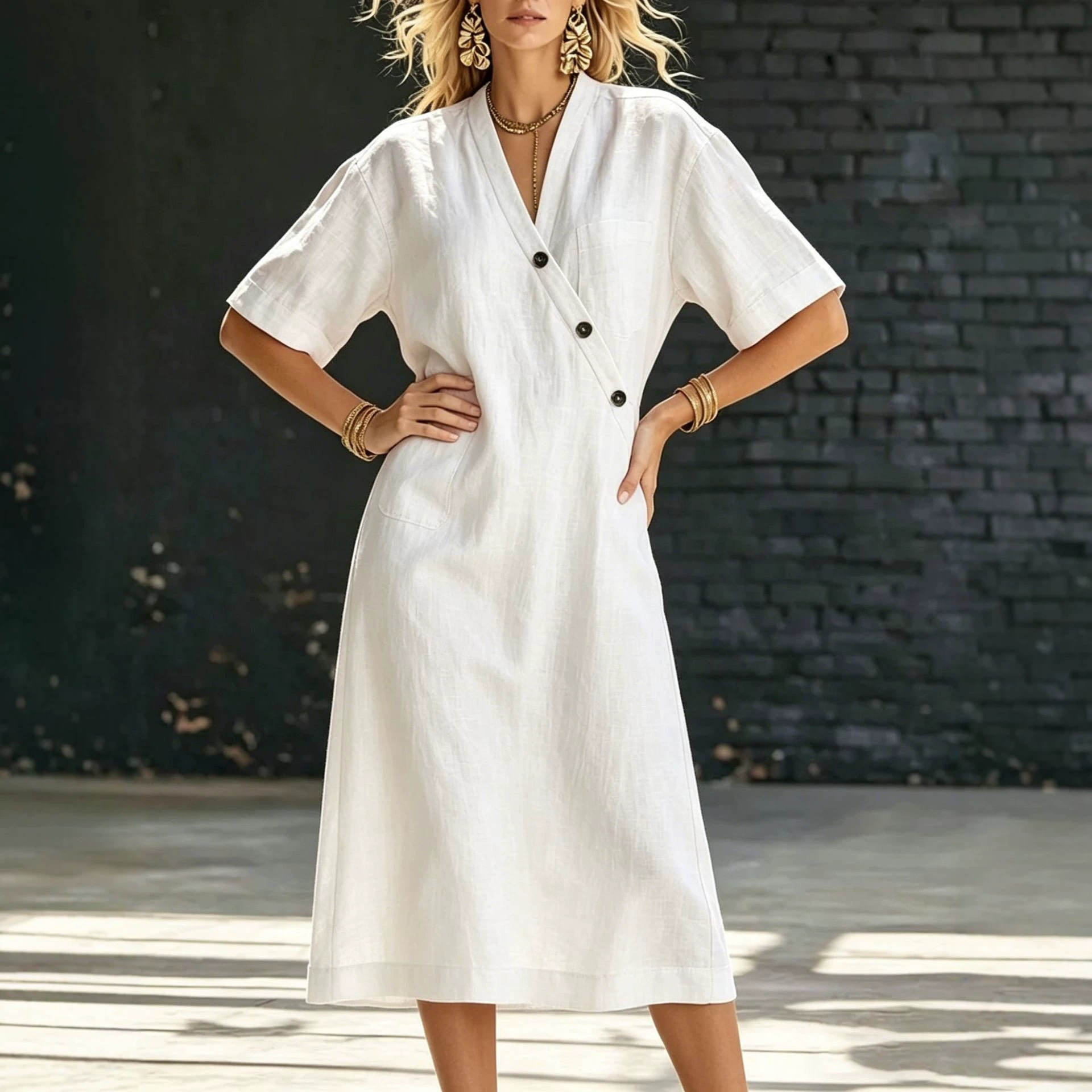 V-Neck Button-Front Cotton-Linen Midi Dress with Pockets Short Sleeve