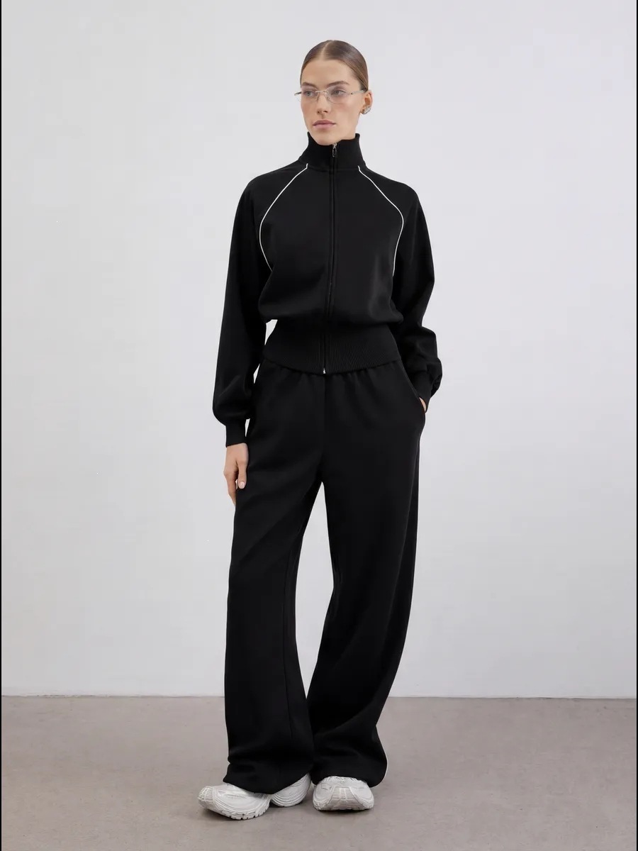 Women's Casual Commuter Two-Piece Set with Zip Cardigan and Wide-Leg Pants