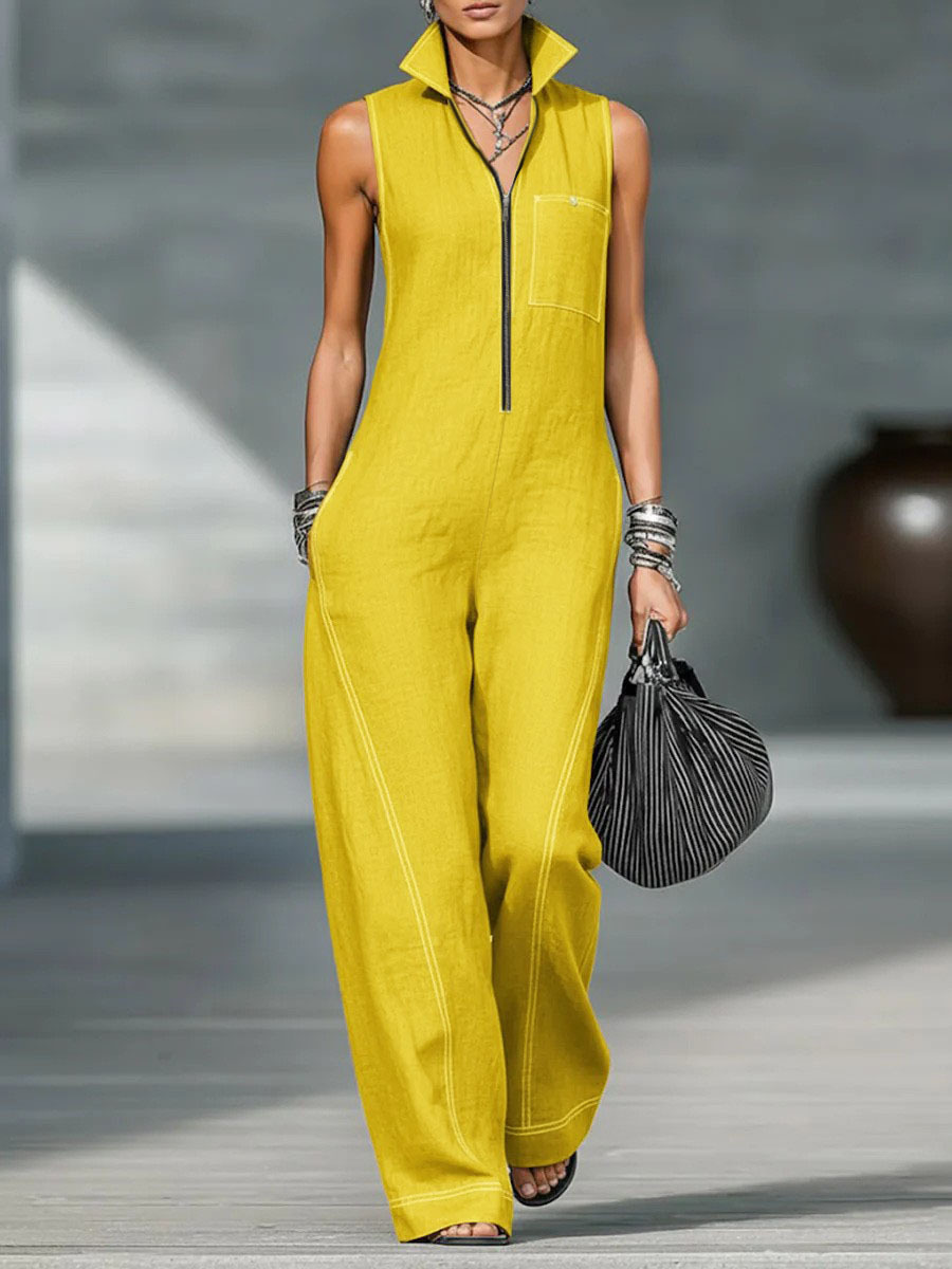 Women's Sleeveless Stand Collar Wide-Leg Jumpsuit