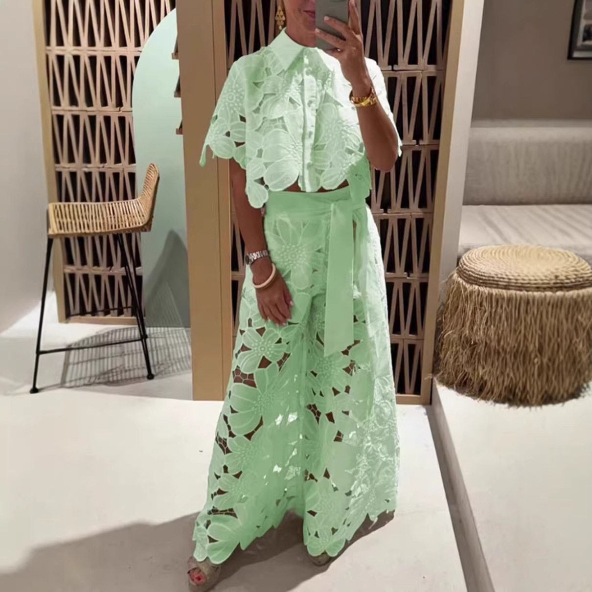 Women's Solid Color Cutout Cardigan & Wide-Leg Pants Two-Piece Set