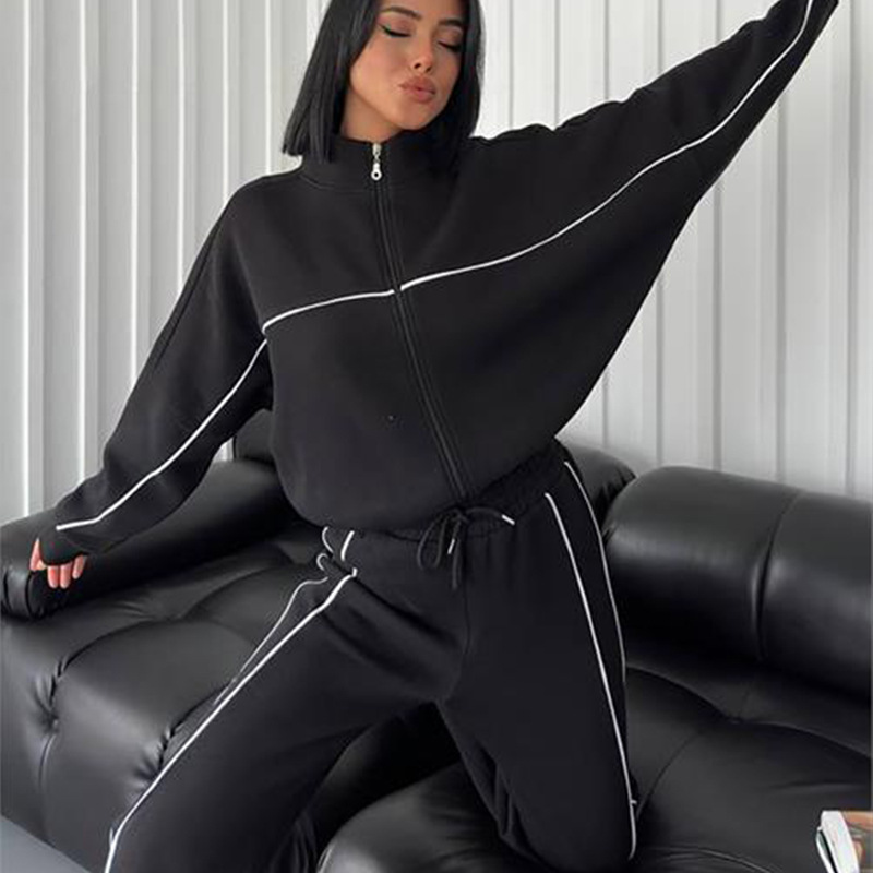 Women's Casual Two-Piece Set: Half-Turtleneck Zip Cardigan Sweatshirt & Striped Drawstring Pants