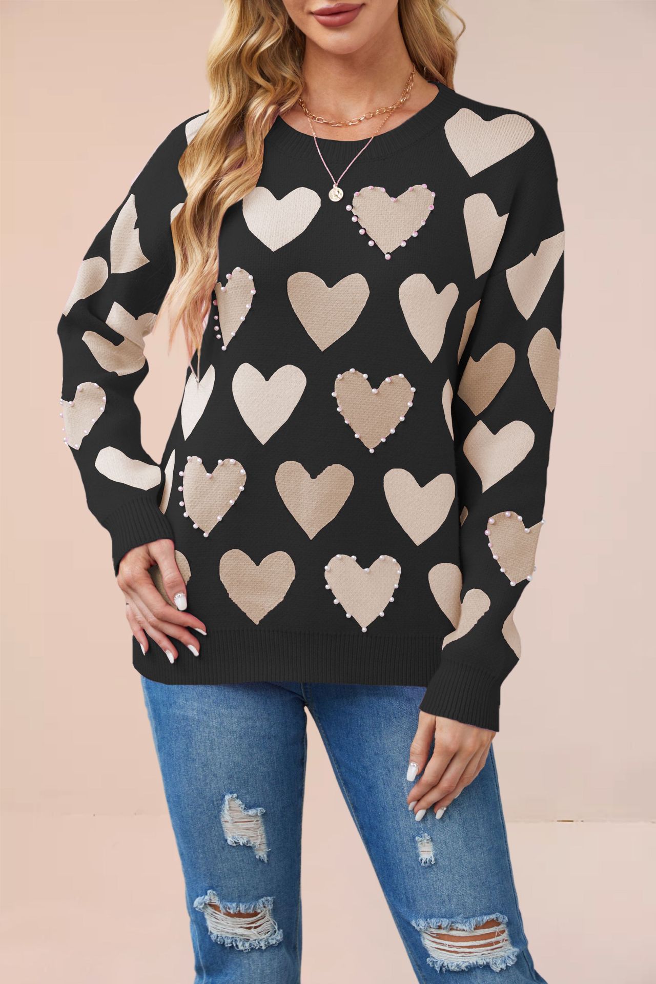 Beaded Heart Crewneck Knit Sweater for Women