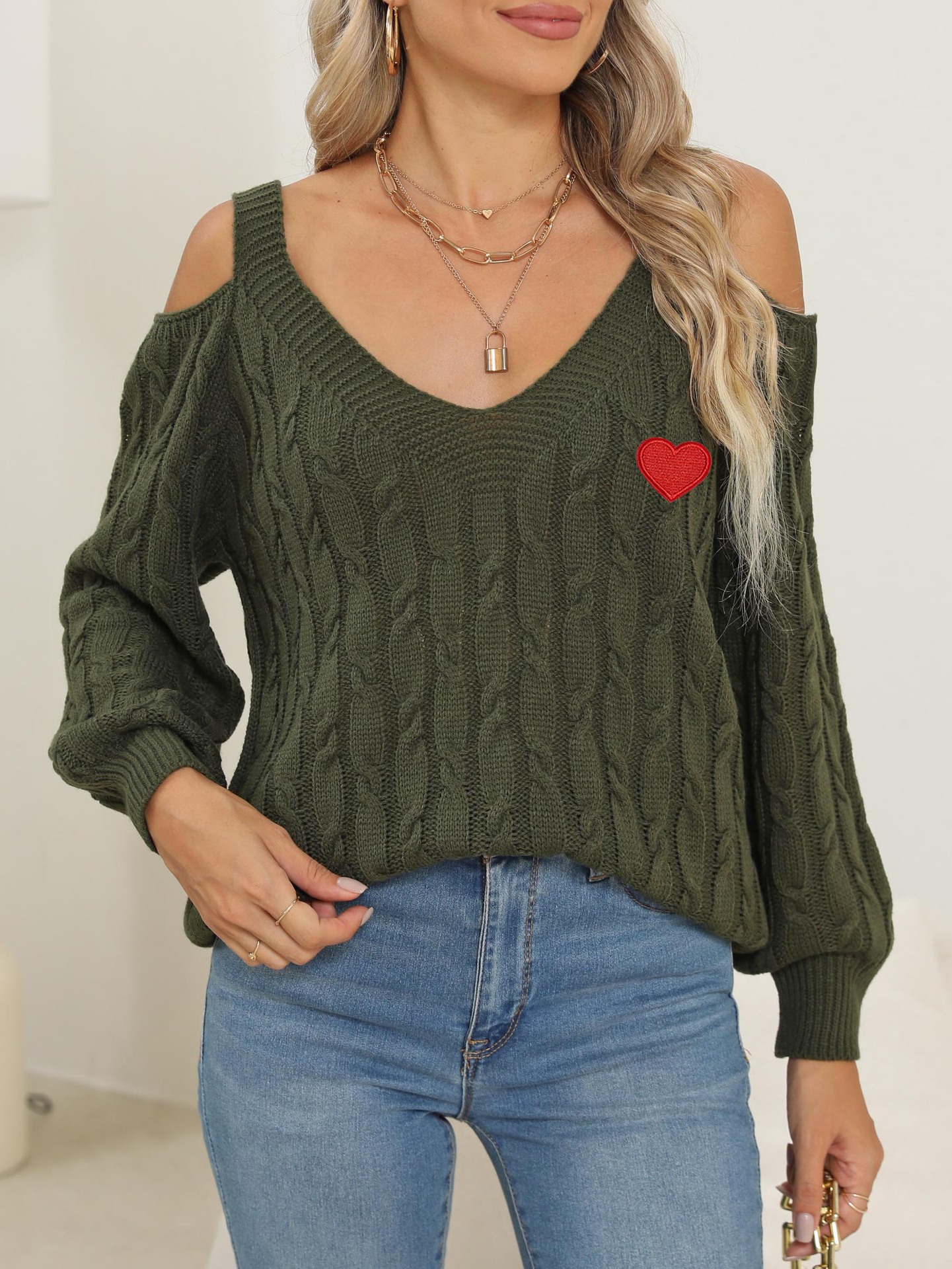 Women's Deep V Off-Shoulder Loose Knit Sweater