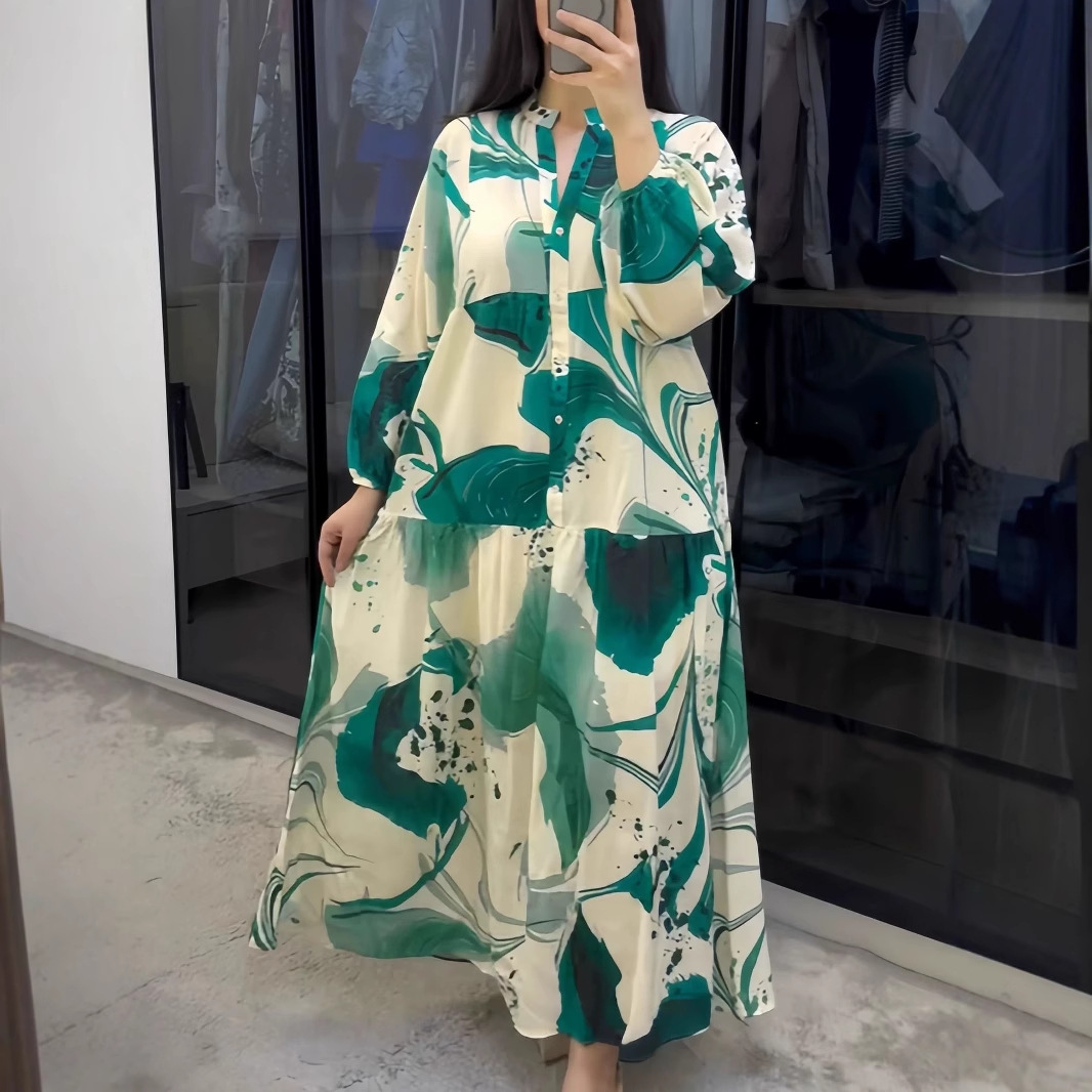 Printed V-Neck Long-Sleeve Loose Casual Maxi Dress