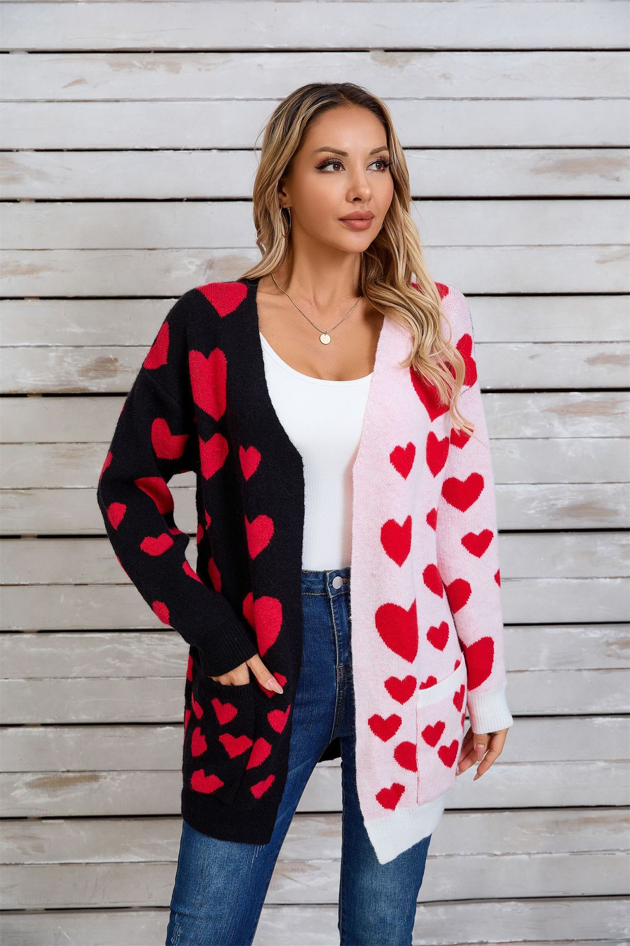 Colorblock Heart Knit Long Cardigan with Pockets