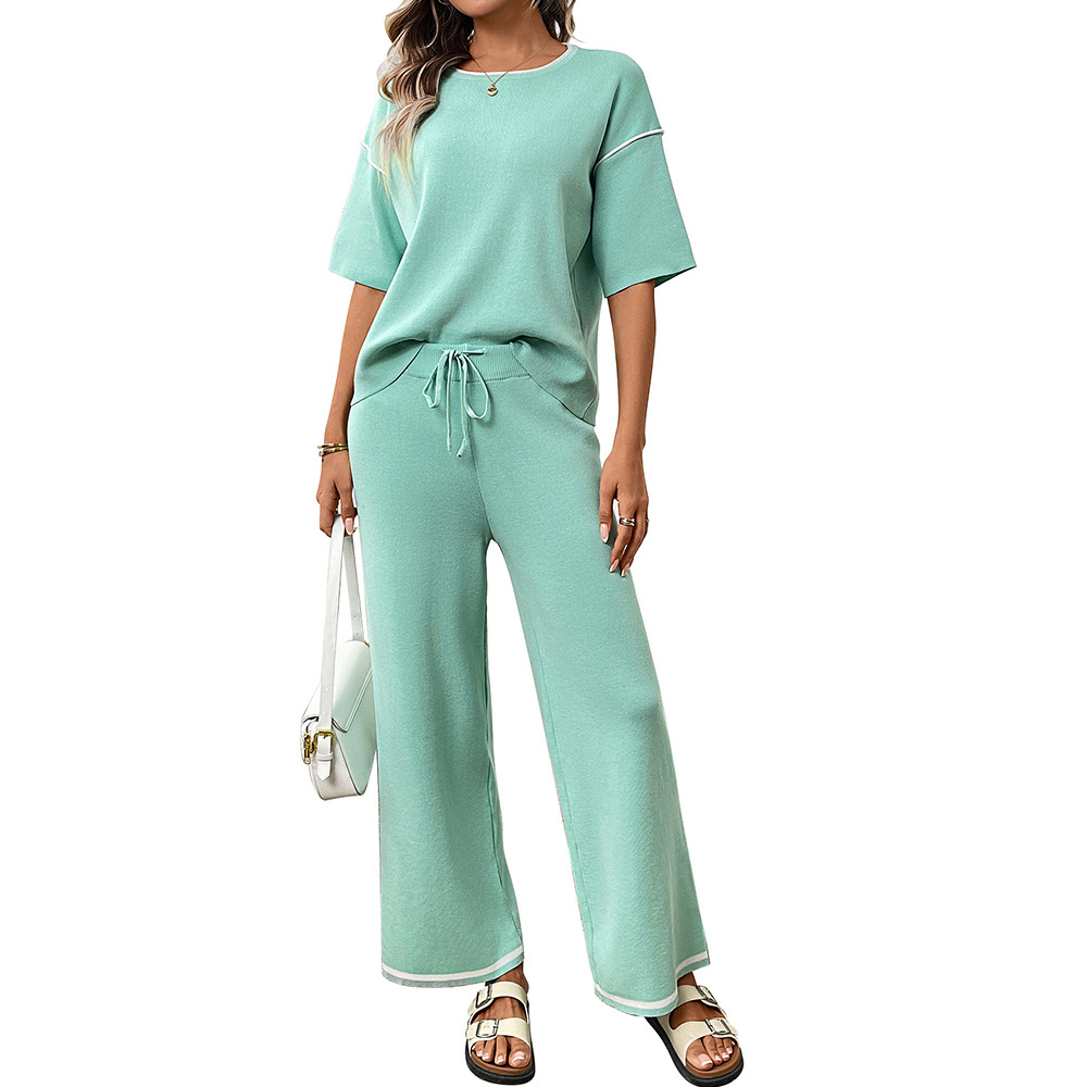 Women's Ice Silk Knit Short Sleeve Top and Pants Set Casual Solid Color