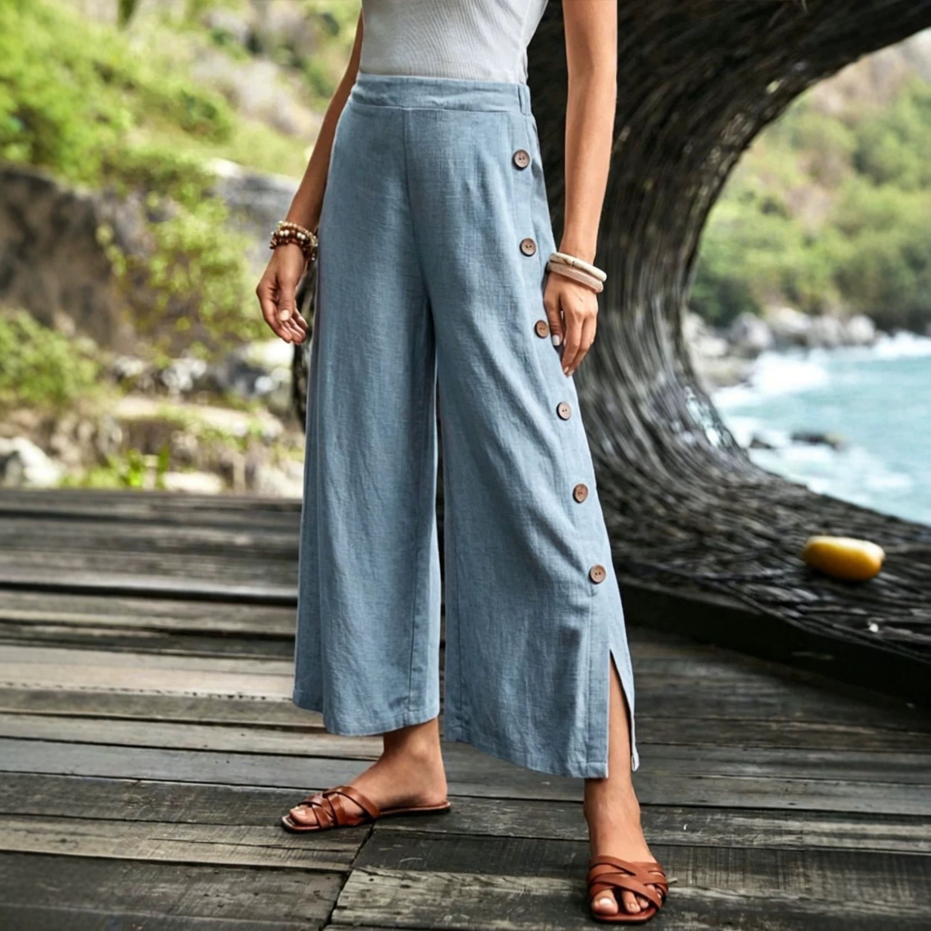 Cotton-Linen Wide-Leg Split Hem Pants