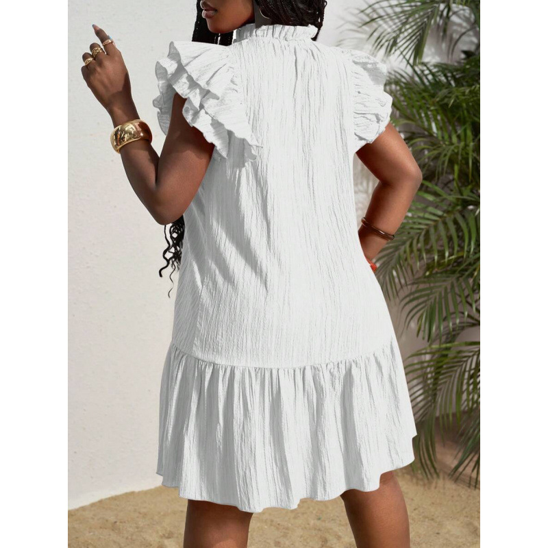 Ruffled V-Neck Short Sleeve A-Line Dress