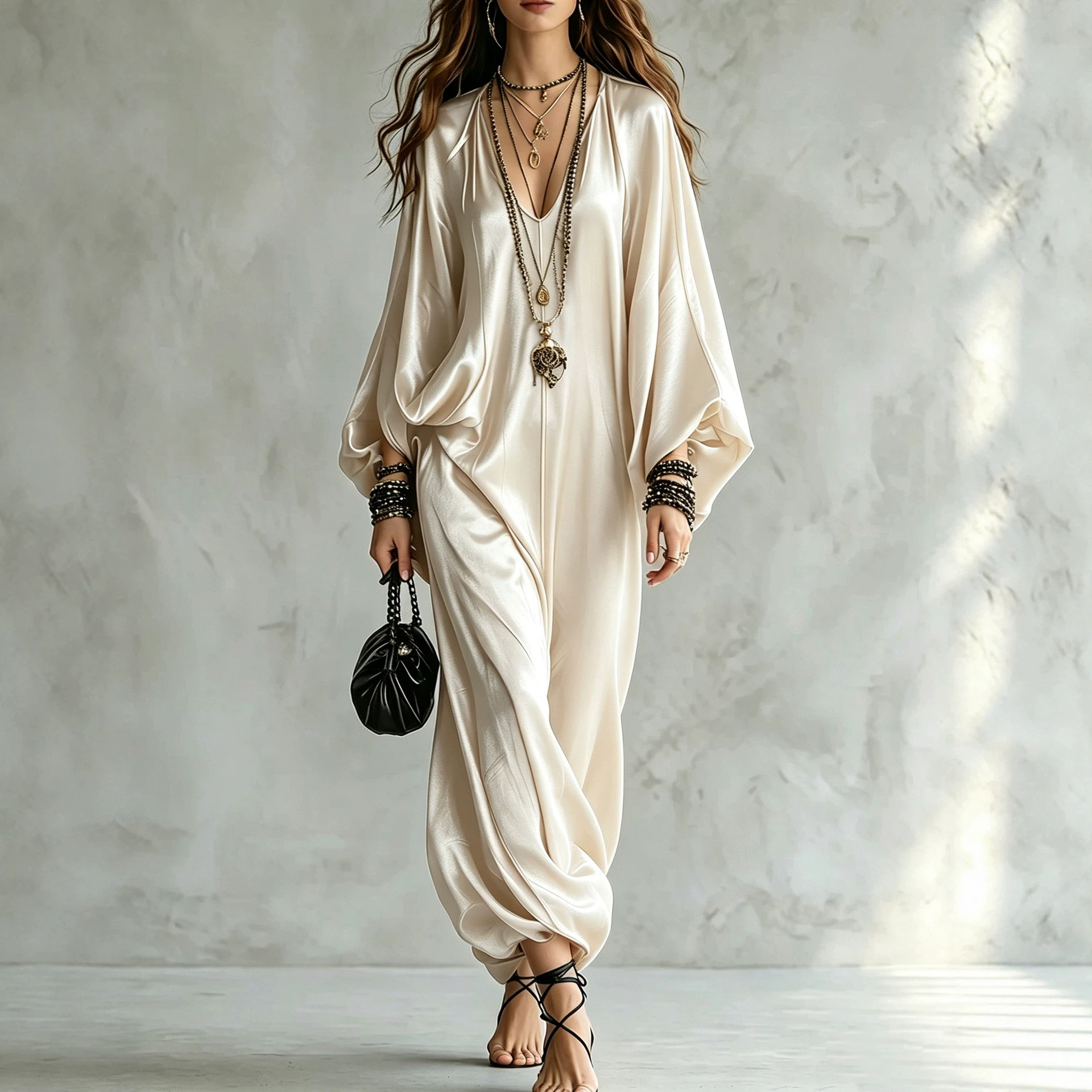 Women's Satin Jumpsuit Loose Wide-Leg Long Sleeve V-Neck
