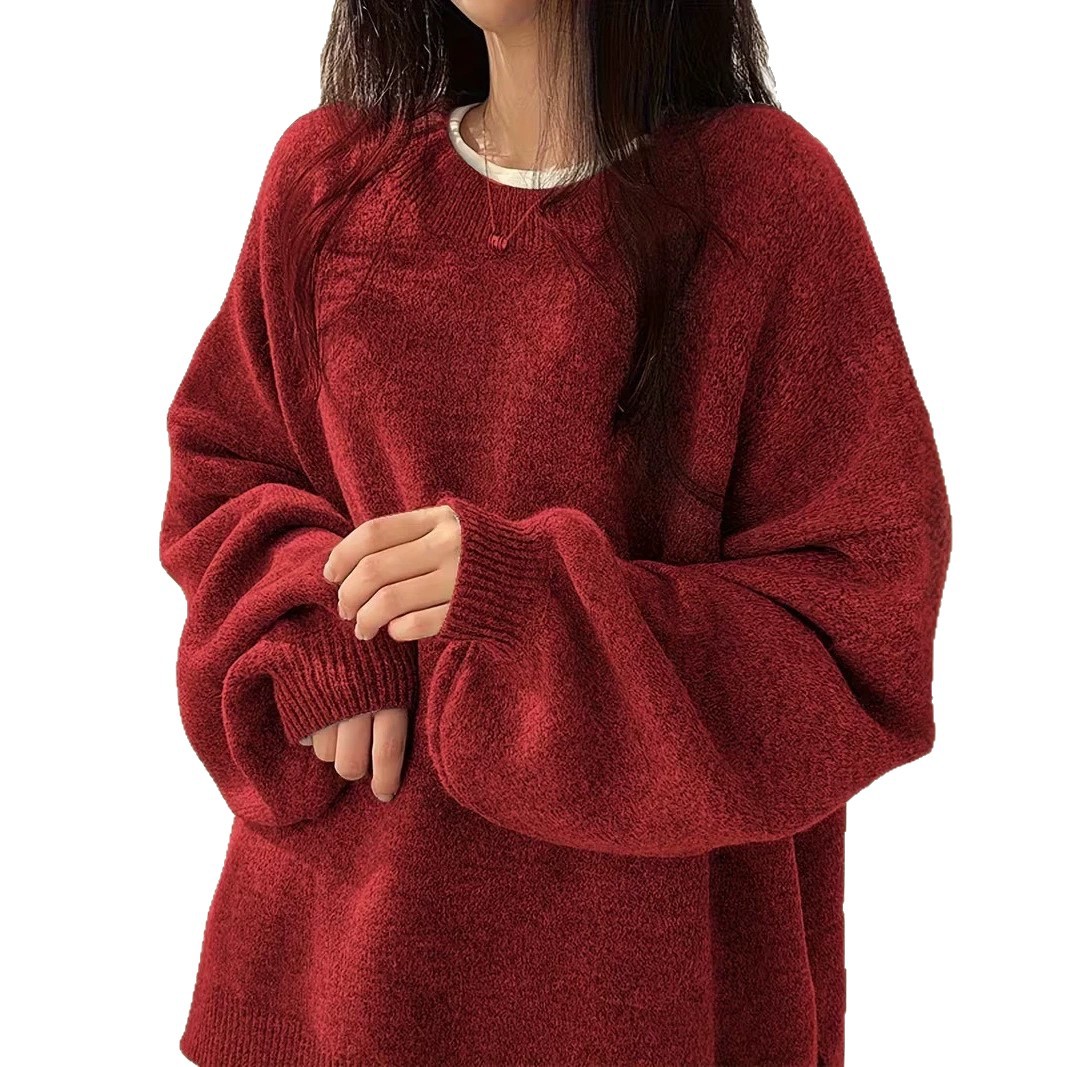 Women's Solid Crewneck Pullover Sweater Casual Long Sleeve Drop Shoulder Slit Knit Top