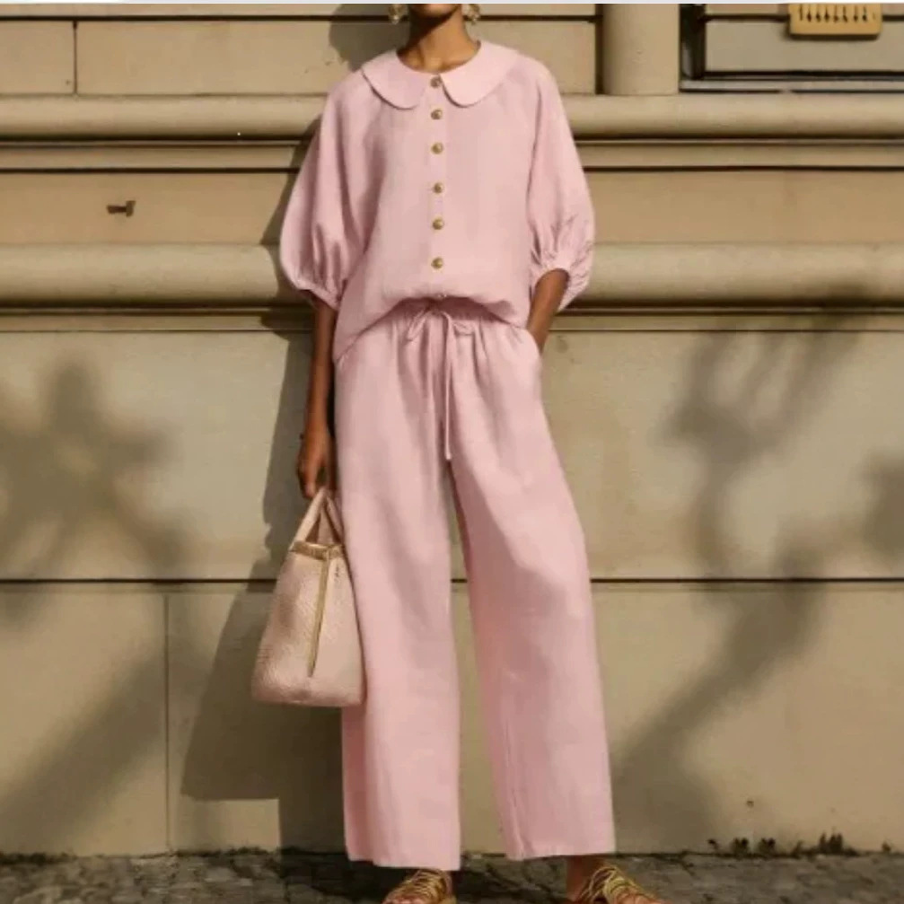 Women's Linen-Blend Collared Shirt and Wide-Leg Pants Set Casual Two-Piece