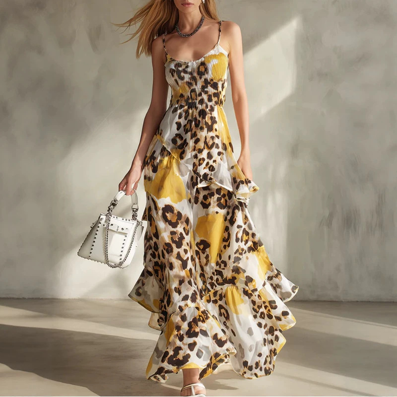 Ruffled Yellow Leopard Print Chiffon Strappy Maxi Dress
