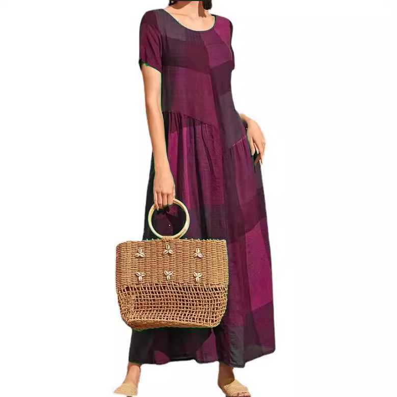 Retro Plaid Print Patchwork Loose Waist Long Dress