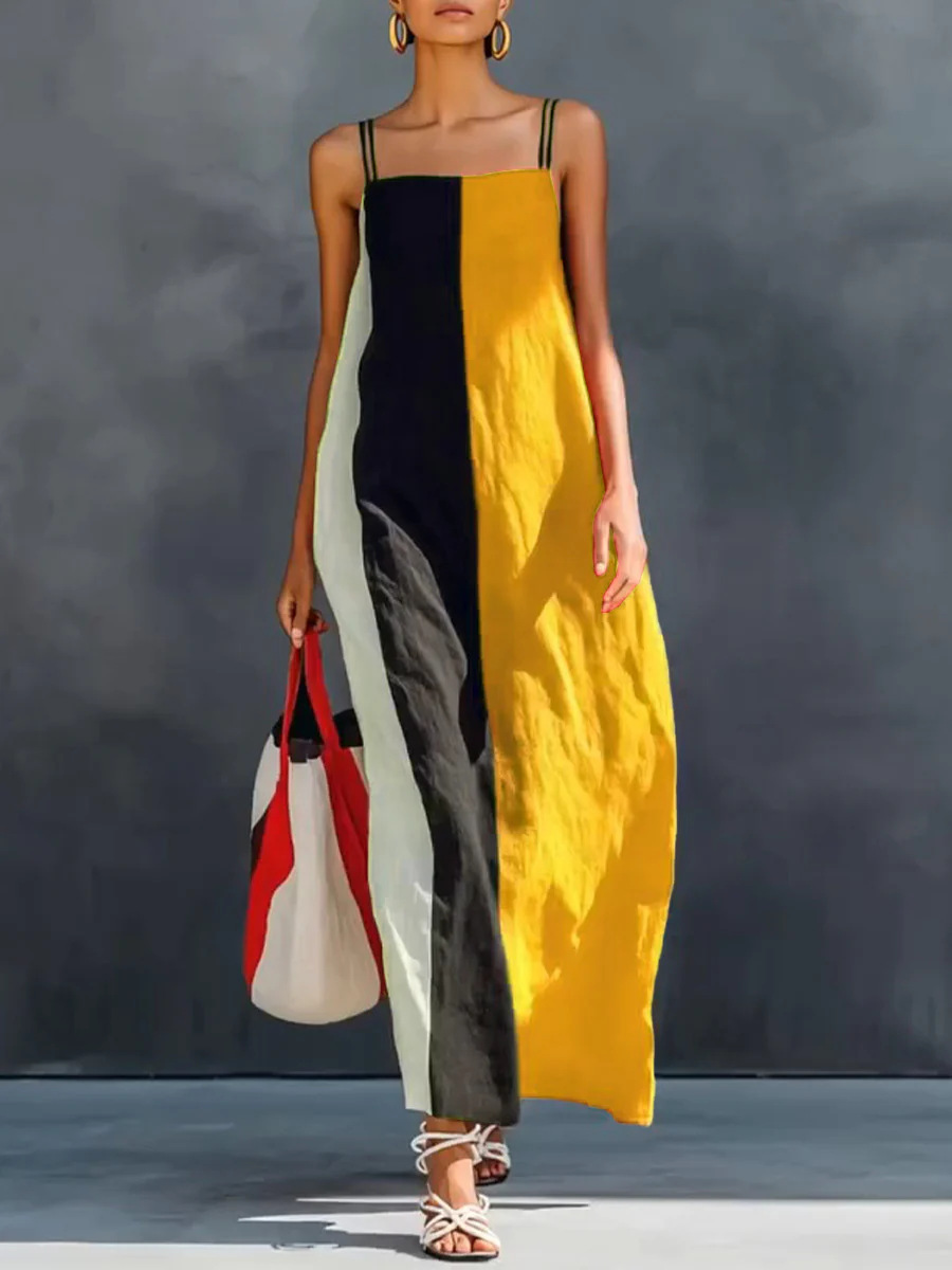 Women's Sleeveless Spaghetti Strap Dress Casual Vacation Color Block Long Dress