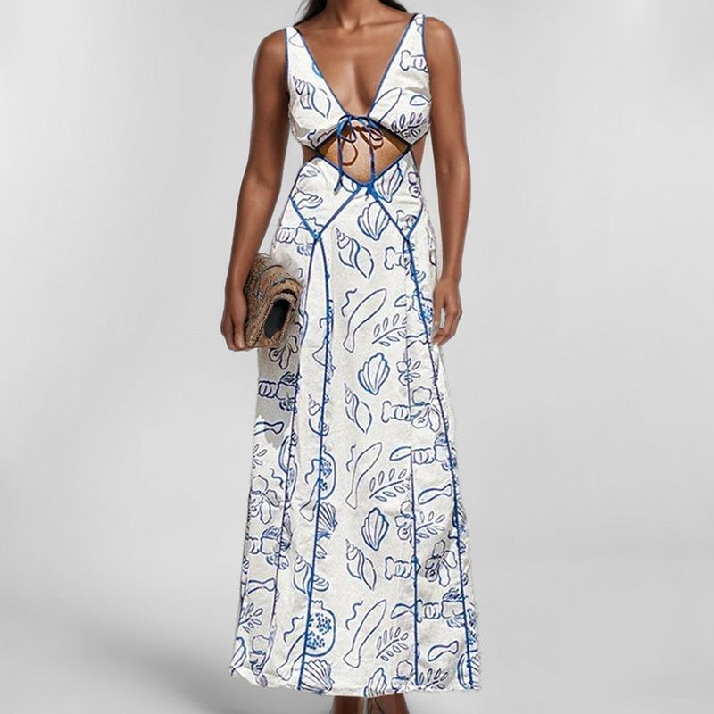 Women's Printed Cutout Waist Sleeveless Cami Dress