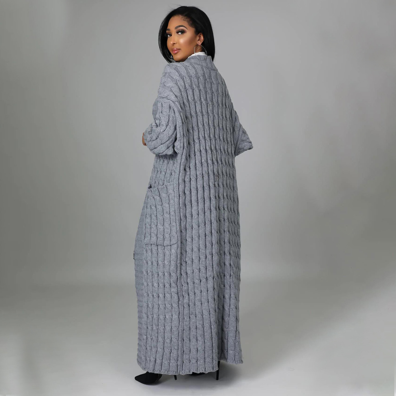 Cable-Knit Open-Front Long Cardigan with Pockets