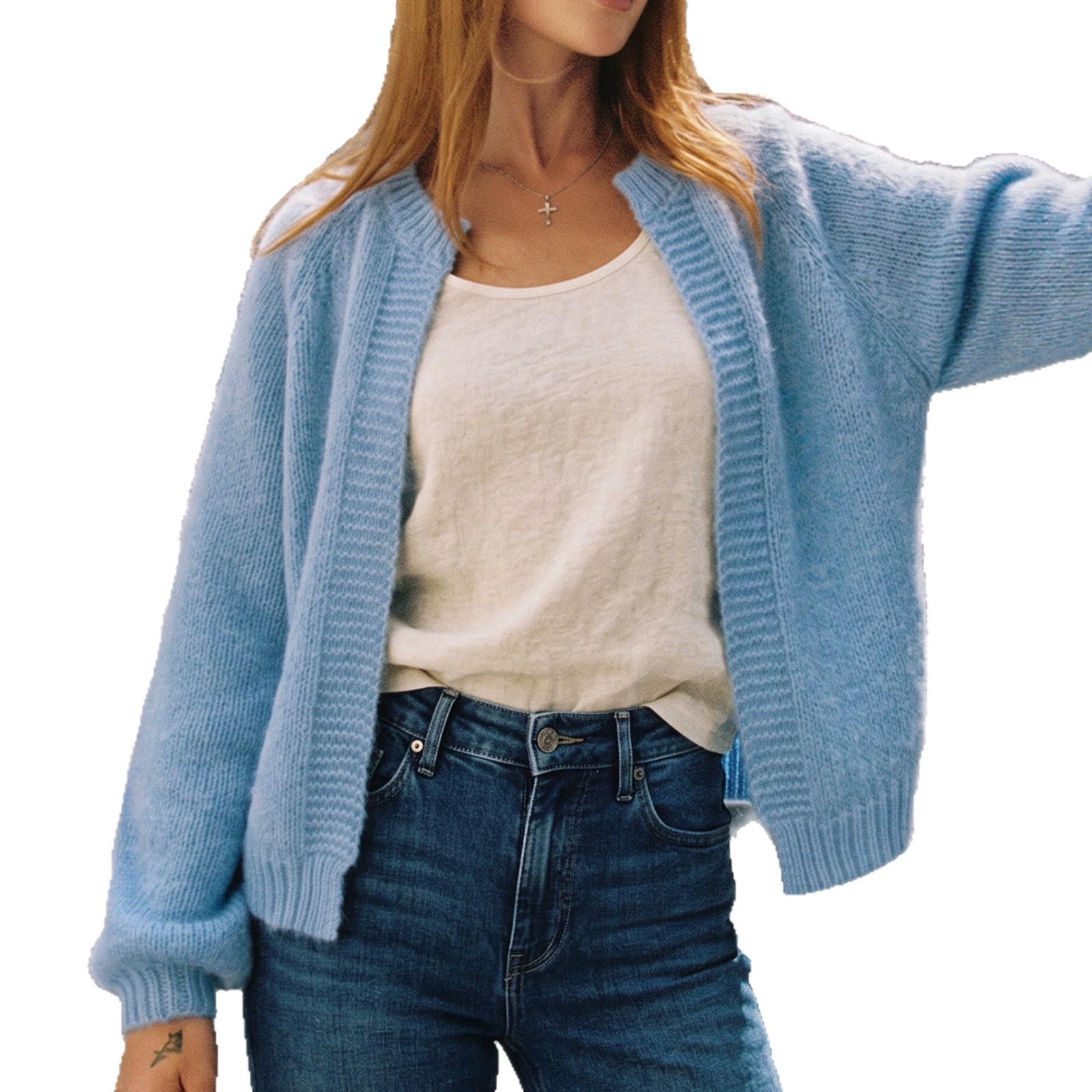 Women's Chunky Knit Cardigan with Raglan Lantern Sleeves and Ribbed Trim