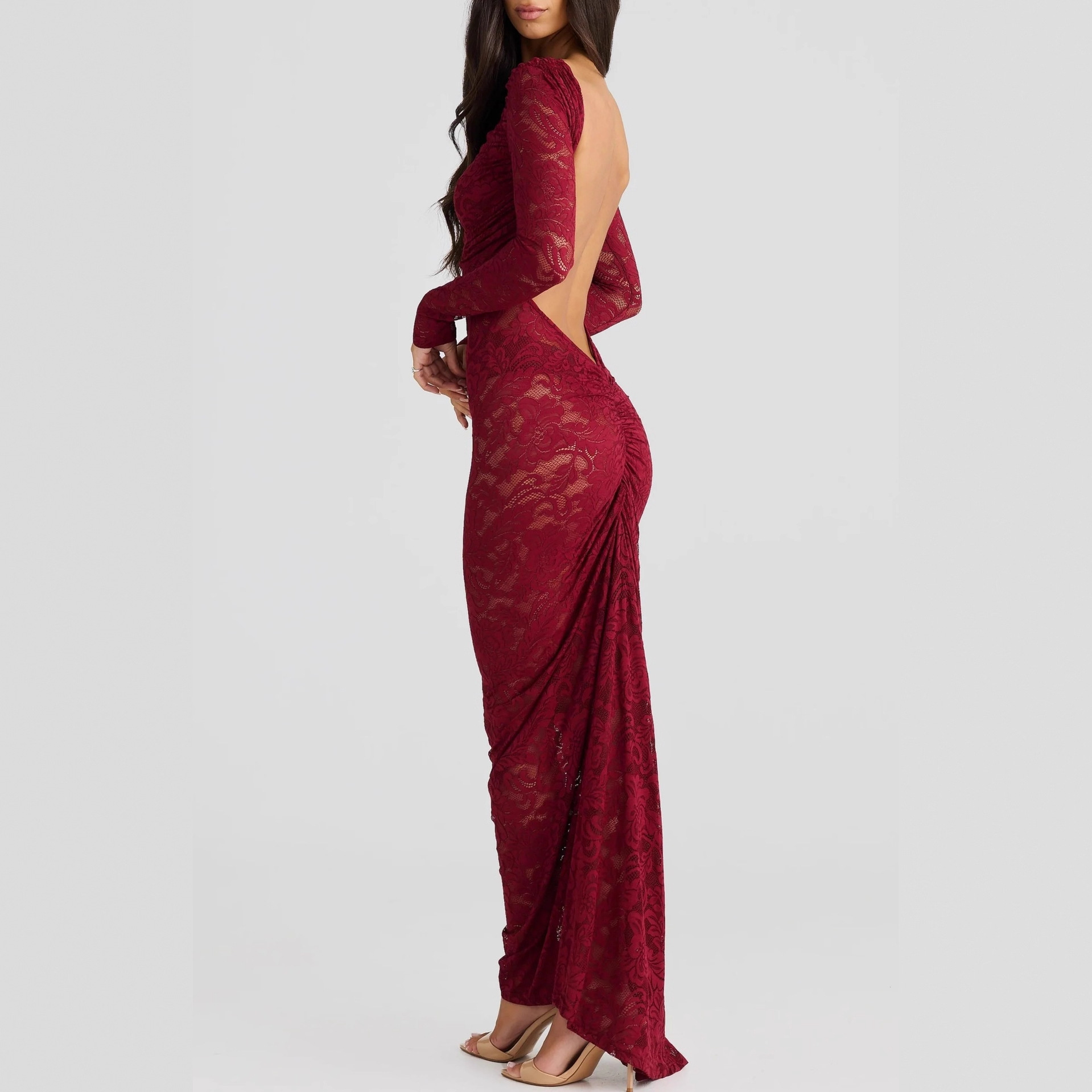 Sheer Lace Long Sleeve Open Back Bodycon Maxi Dress
