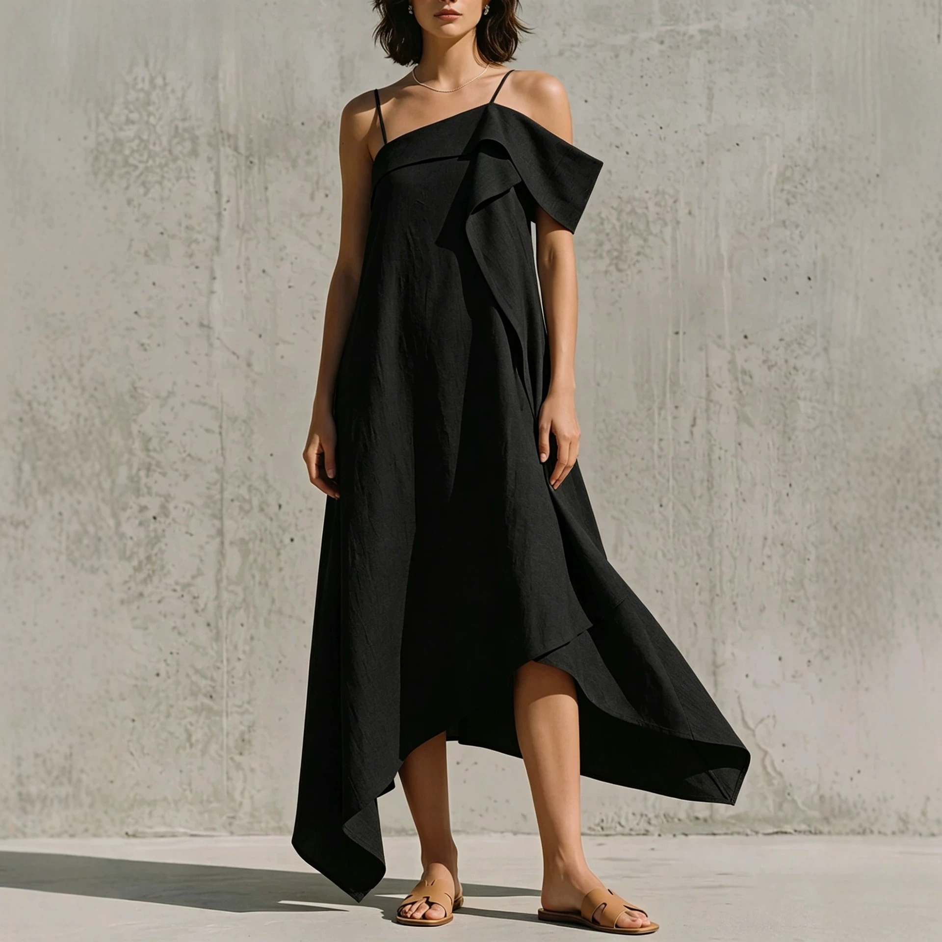 Asymmetric One-Shoulder Linen-Blend Dress with Irregular Hem